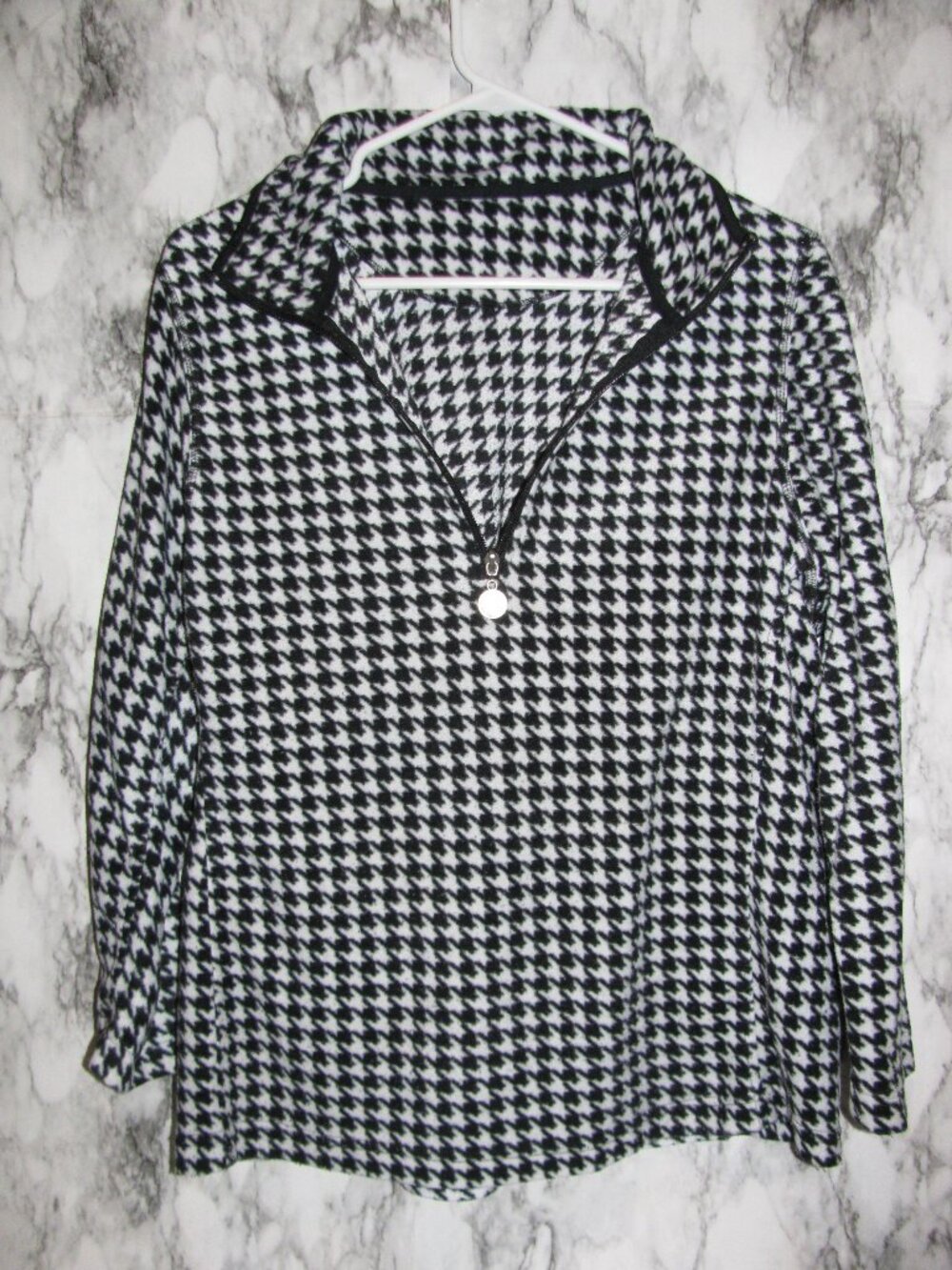 VTG Black White Houndstooth Fleece Quarter Zip Pullover Sweatshirt Large